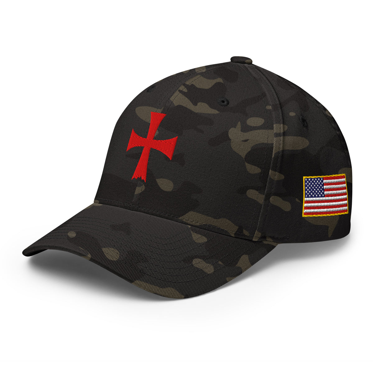 Left-front view of multicam black Flexfit Crimson Iron Cross hat
