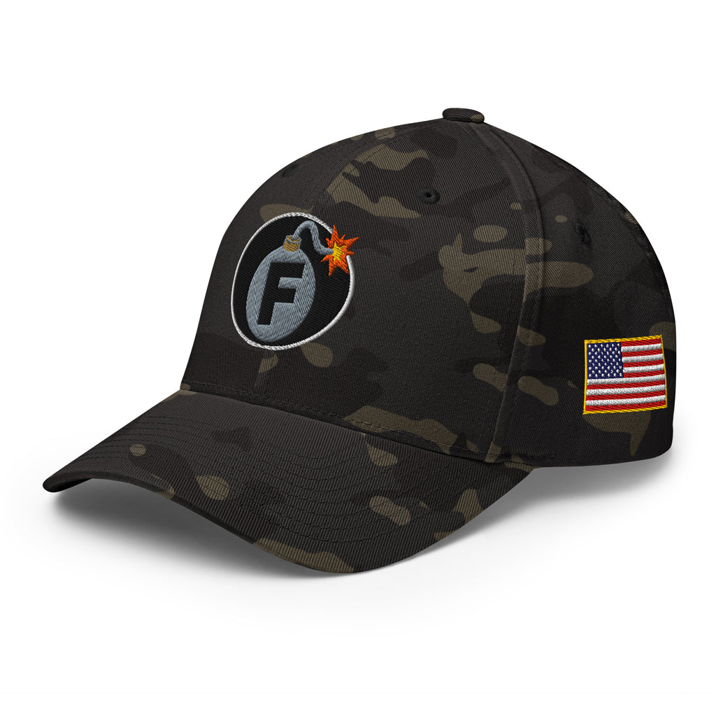 Multicam Black structured Flexfit cap with embroidered F-Bomb design, left front view