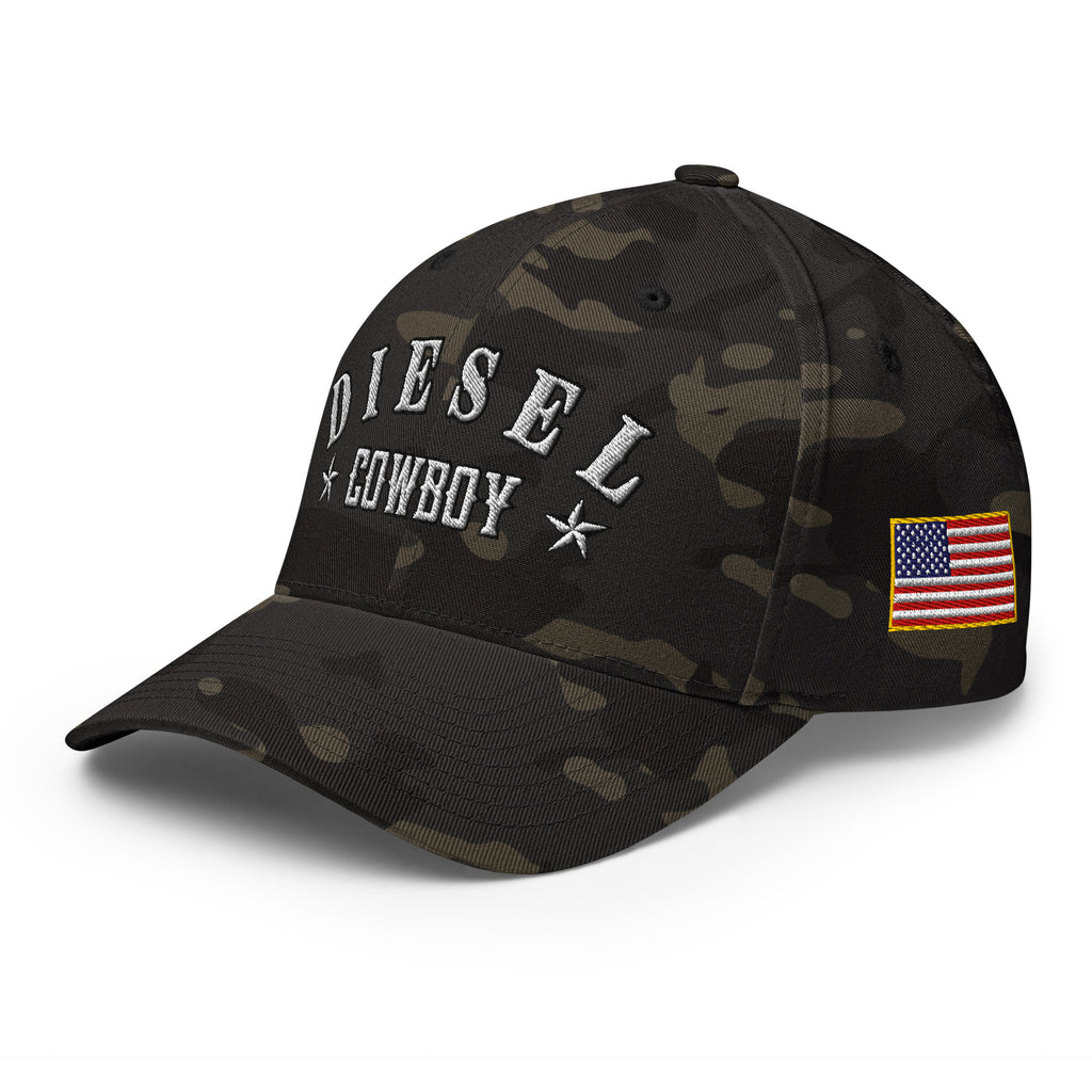 Multicam Black structured Flexfit cap with embroidered Diesel Cowboy design, left front view