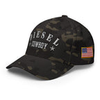 Multicam Black structured Flexfit cap with embroidered Diesel Cowboy design, left front view