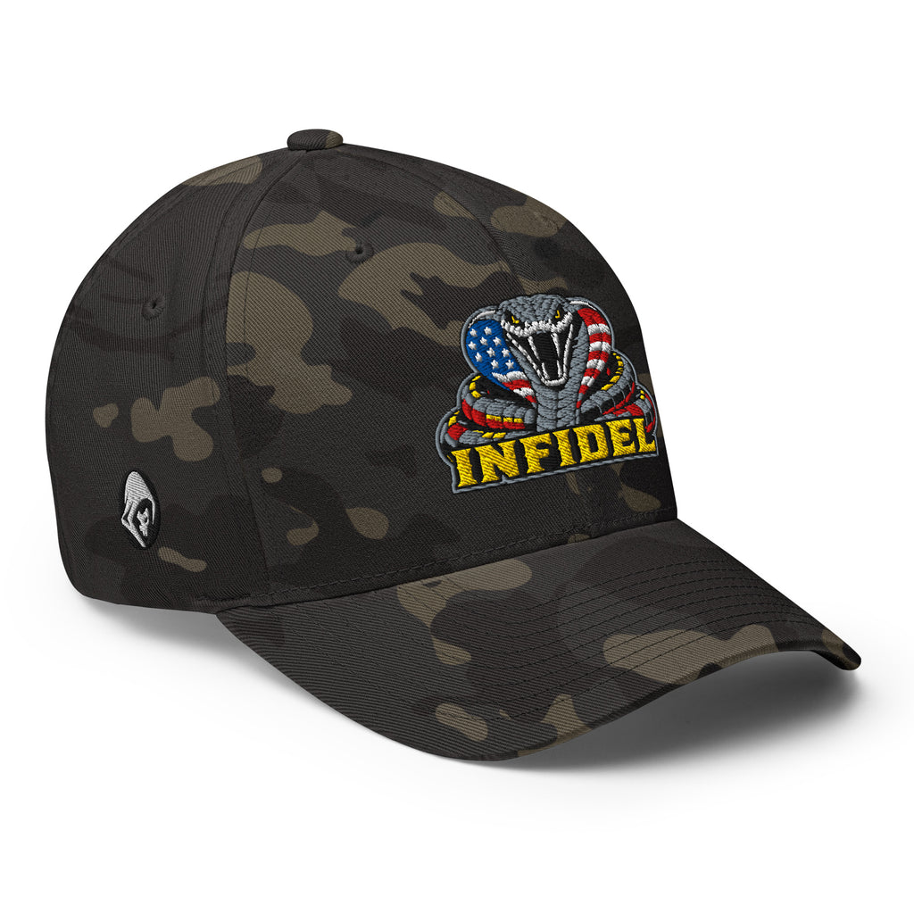 Right-front view of multicam black Infidel USA Flag Cobra Flexfit hat