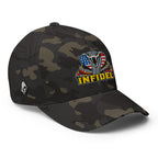 Right-front view of multicam black Infidel USA Flag Cobra Flexfit hat