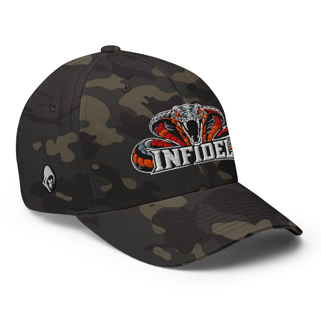 Right-front view of multicam black Infidel Cobra King Flexfit hat