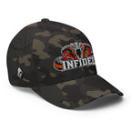 Right-front view of multicam black Infidel Cobra King Flexfit hat
