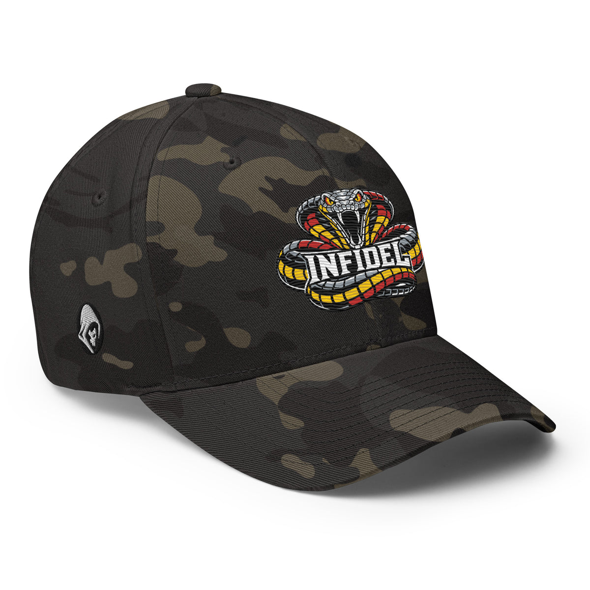 Right-front view of multicam black Infidel Coiled Cobra Flexfit hat