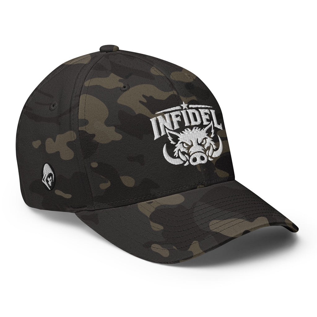 Right-front view of multicam black Infidel War Pig Flexfit hat