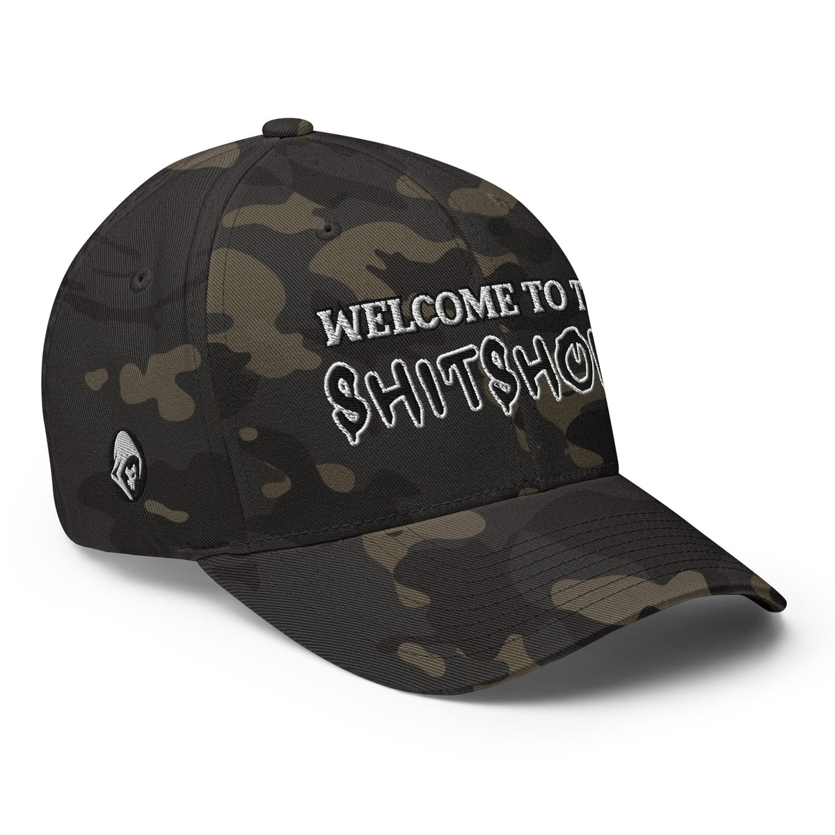 Right-front view of multicam black Welcome to the Shitshow Flexfit hat