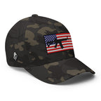 Right-front view of multicam black AR-15 Old Glory Flexfit hat