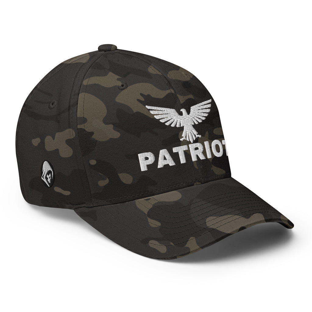 Right-front view of multicam black Patriot Eagle Flexfit hat
