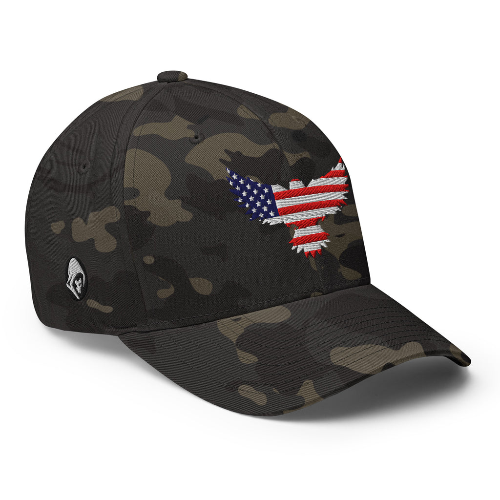 Right-front view of multicam black Old Glory Eagle Flexfit hat