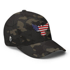 Right-front view of multicam black Old Glory Eagle Flexfit hat
