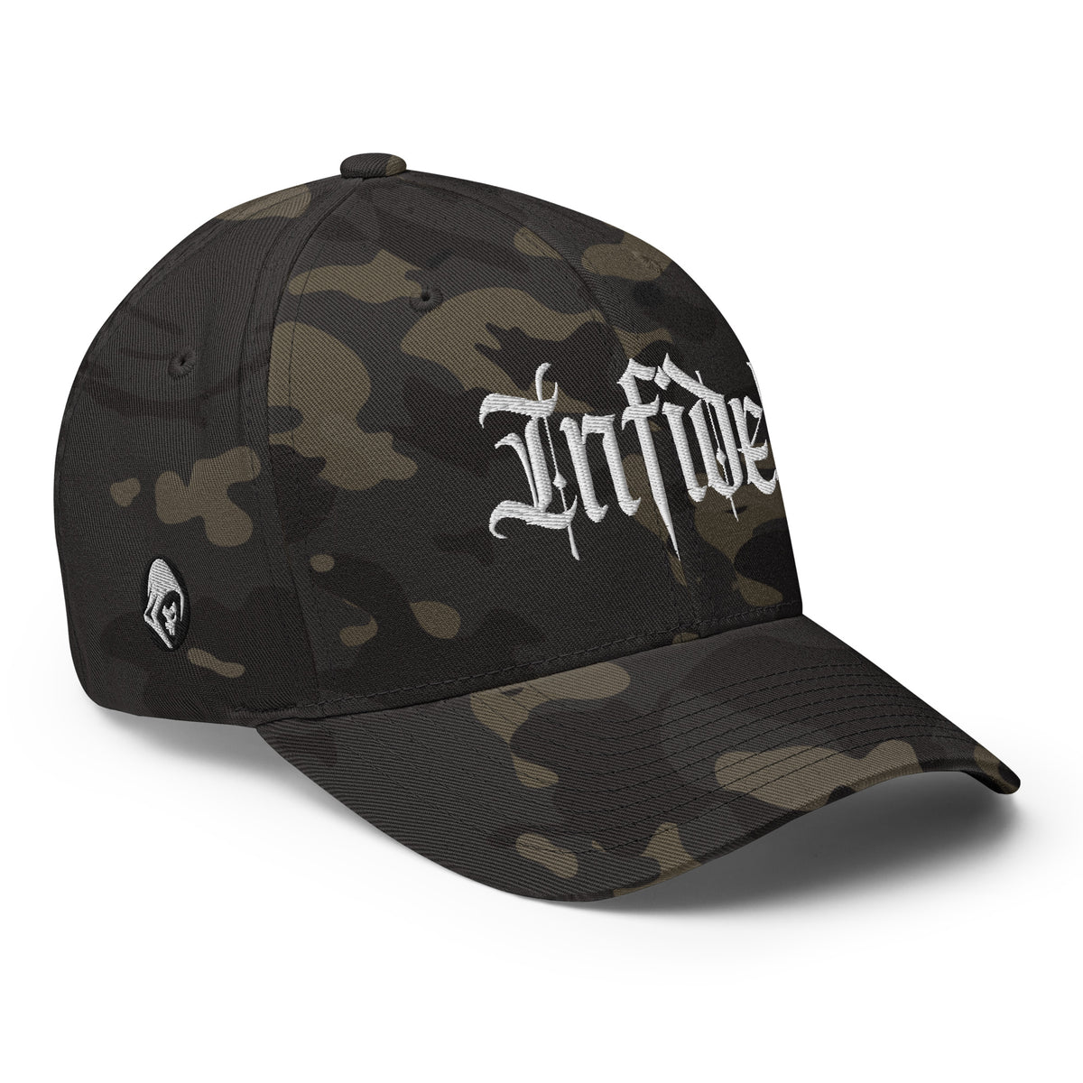 Right-front view of multicam black Infidel Script Flexfit hat