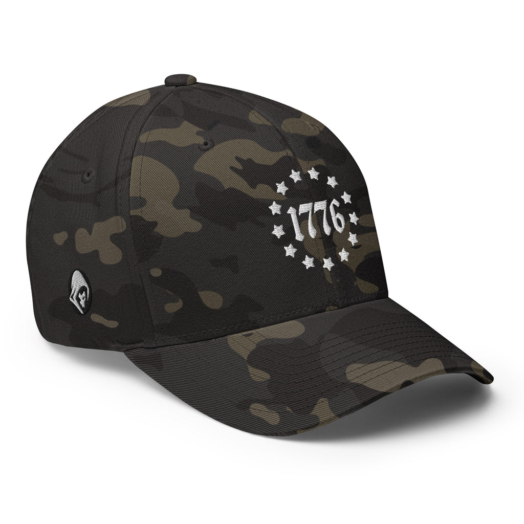 Right-front view of multicam black 1776 Betsy Ross Stars Flexfit hat