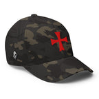 Right-front view of multicam black Flexfit Crimson Iron Cross hat