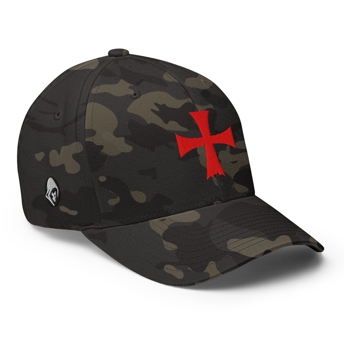 Right-front view of multicam black Flexfit Crimson Iron Cross hat