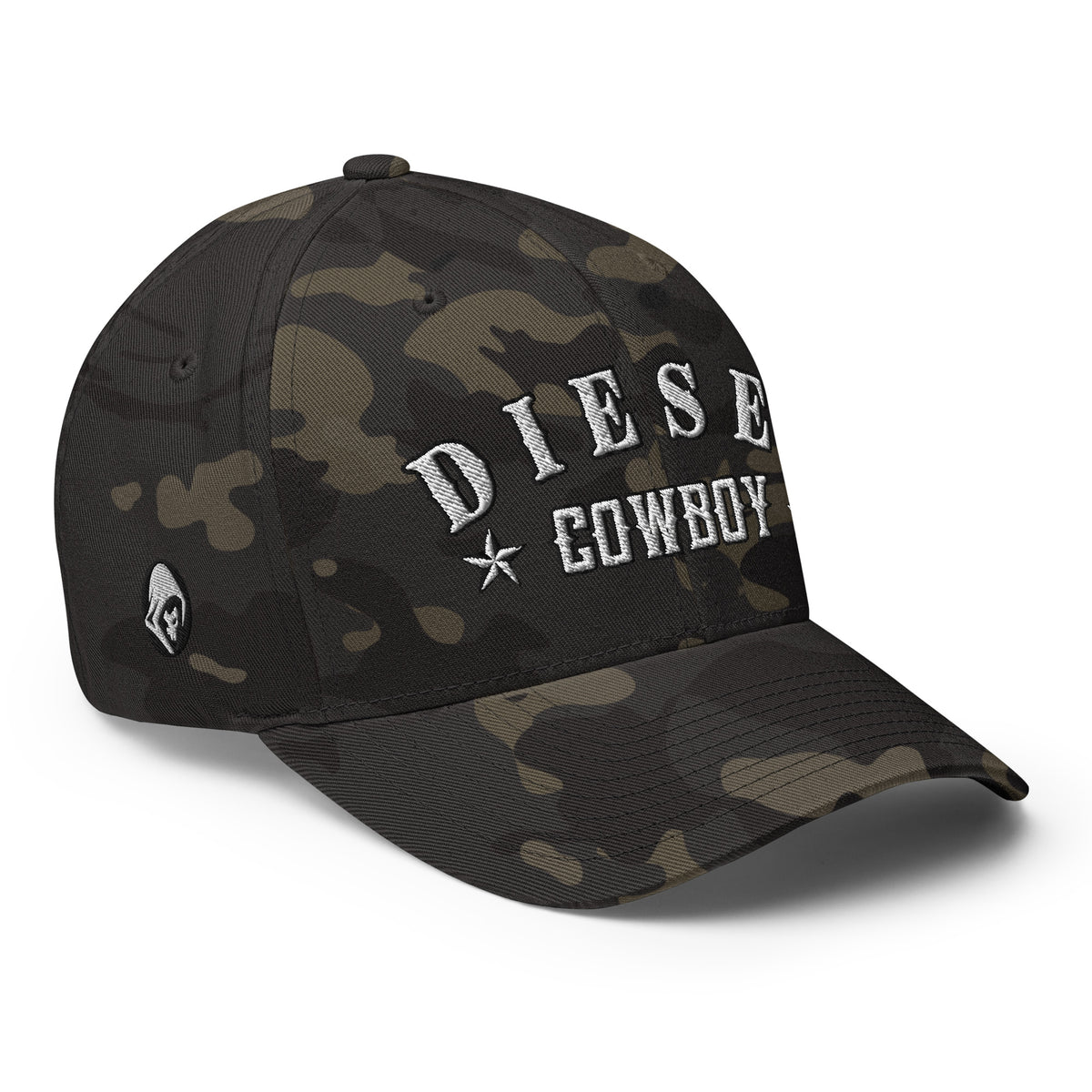 Multicam Black structured Flexfit cap with embroidered Diesel Cowboy design, right front view