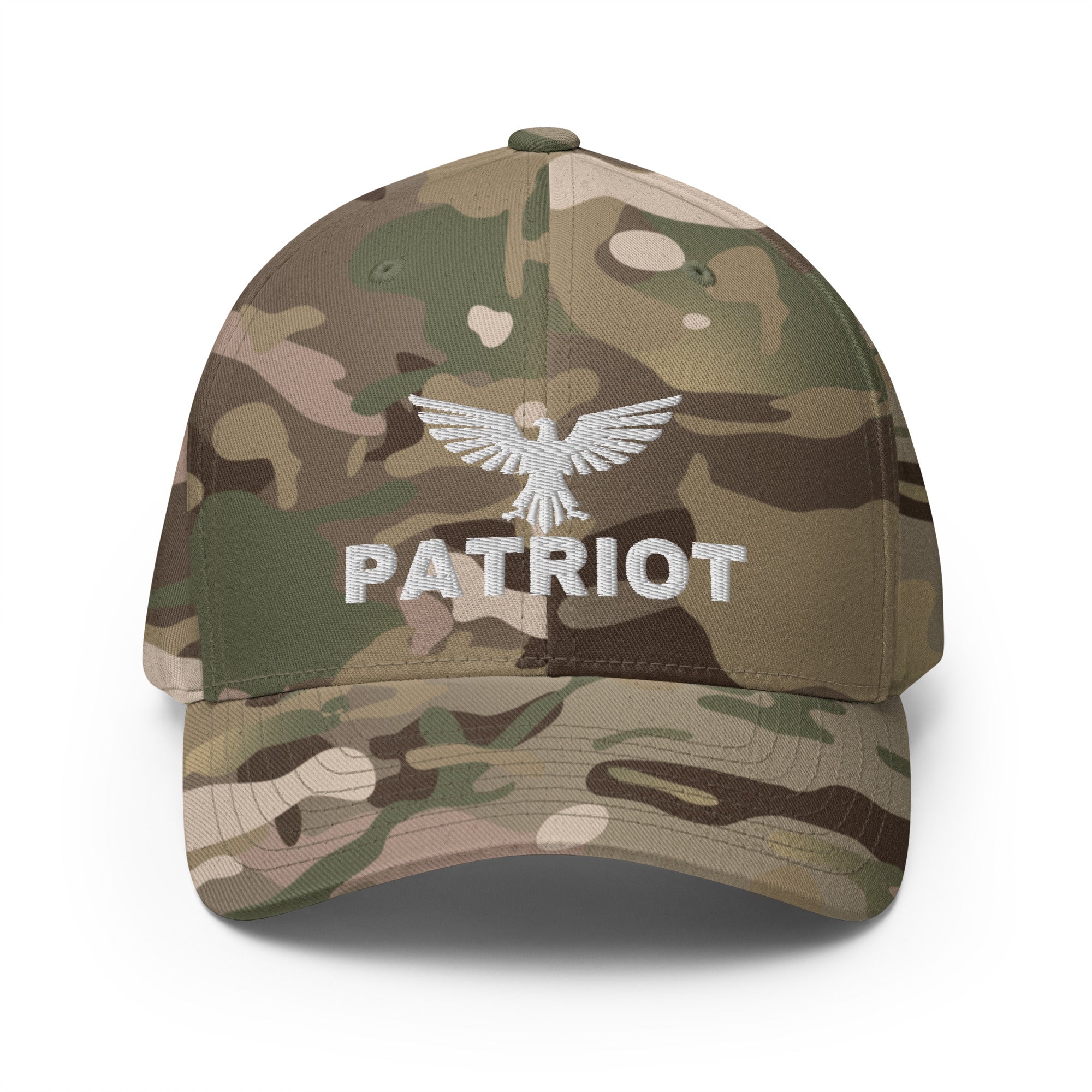 Camouflage baseball cap with 'Patriot' logo on a white background