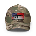 Camouflage baseball cap with American flag patch on a white background