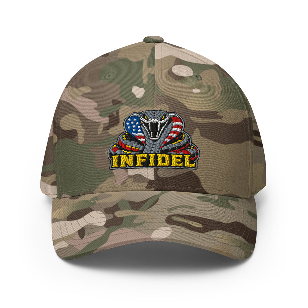Front view of multicam green Infidel USA Flag Cobra Flexfit hat