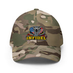 Front view of multicam green Infidel USA Flag Cobra Flexfit hat