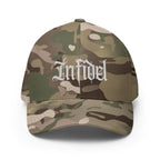 Front view of multicam green Infidel Script Flexfit hat