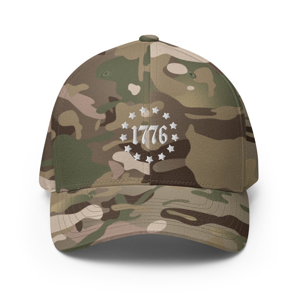 Front view of multicam green 1776 Betsy Ross Stars Flexfit hat