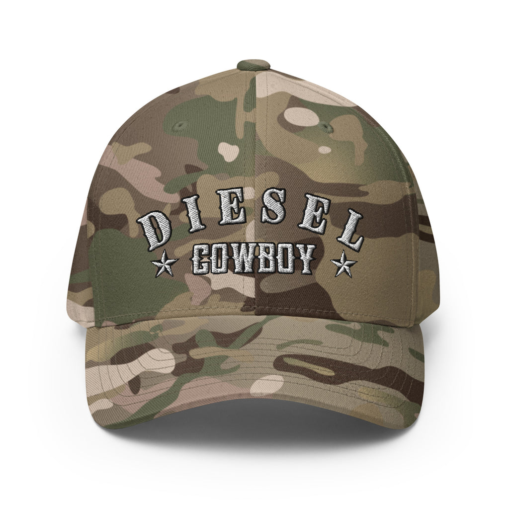 Multicam Green structured Flexfit cap with embroidered Diesel Cowboy front design, front view
