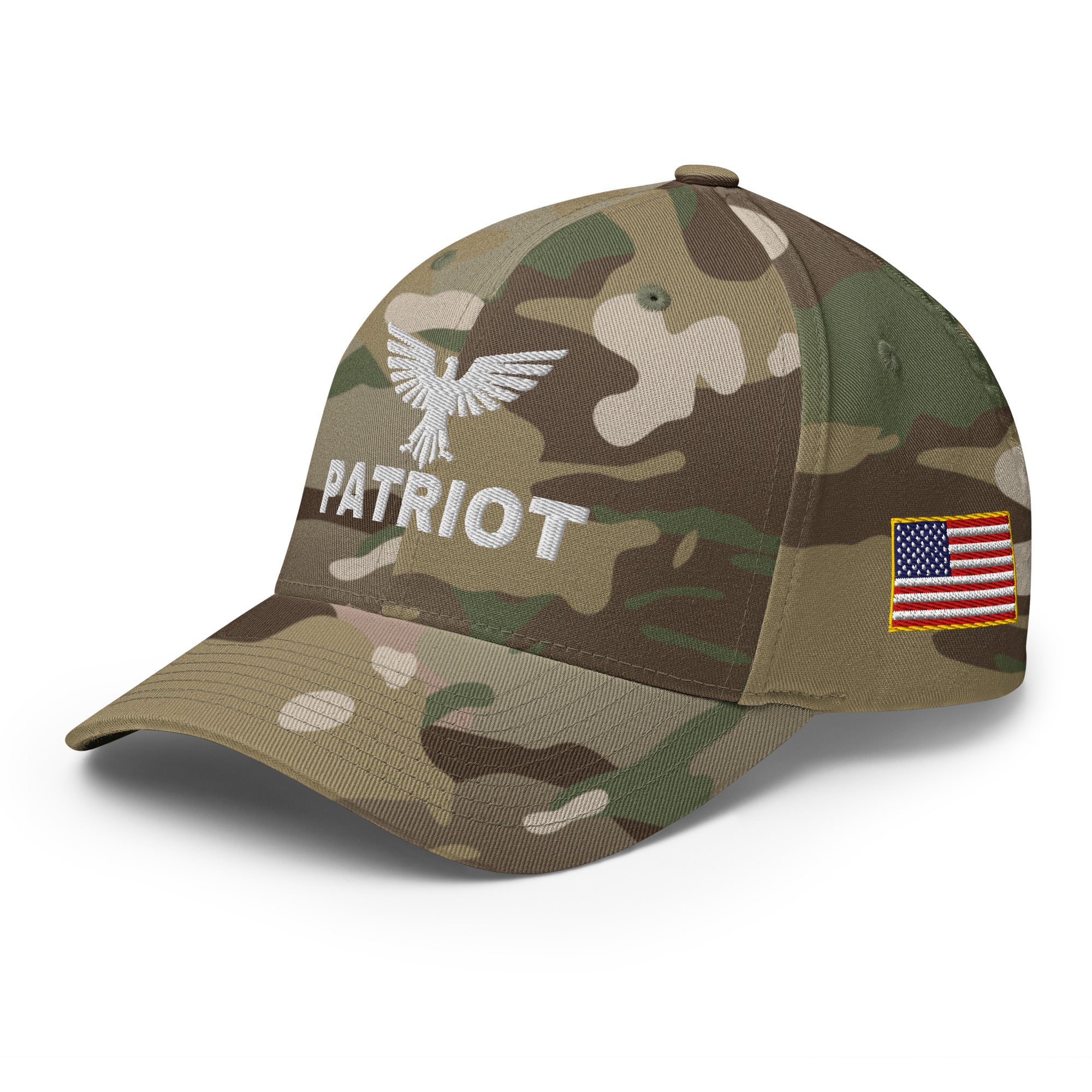 Camouflage hat with an eagle emblem and 'patriot' text on white background