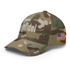 Camouflage baseball cap with 'Infidel' text and American flag patch on a white background