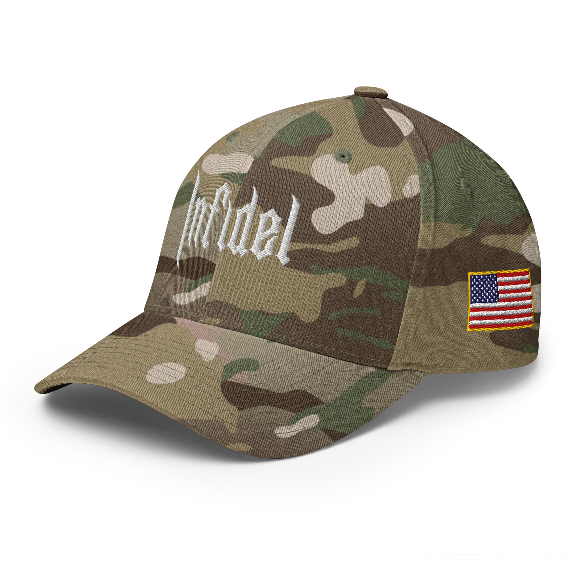 Camouflage baseball cap with 'Infidel' text and American flag patch on a white background