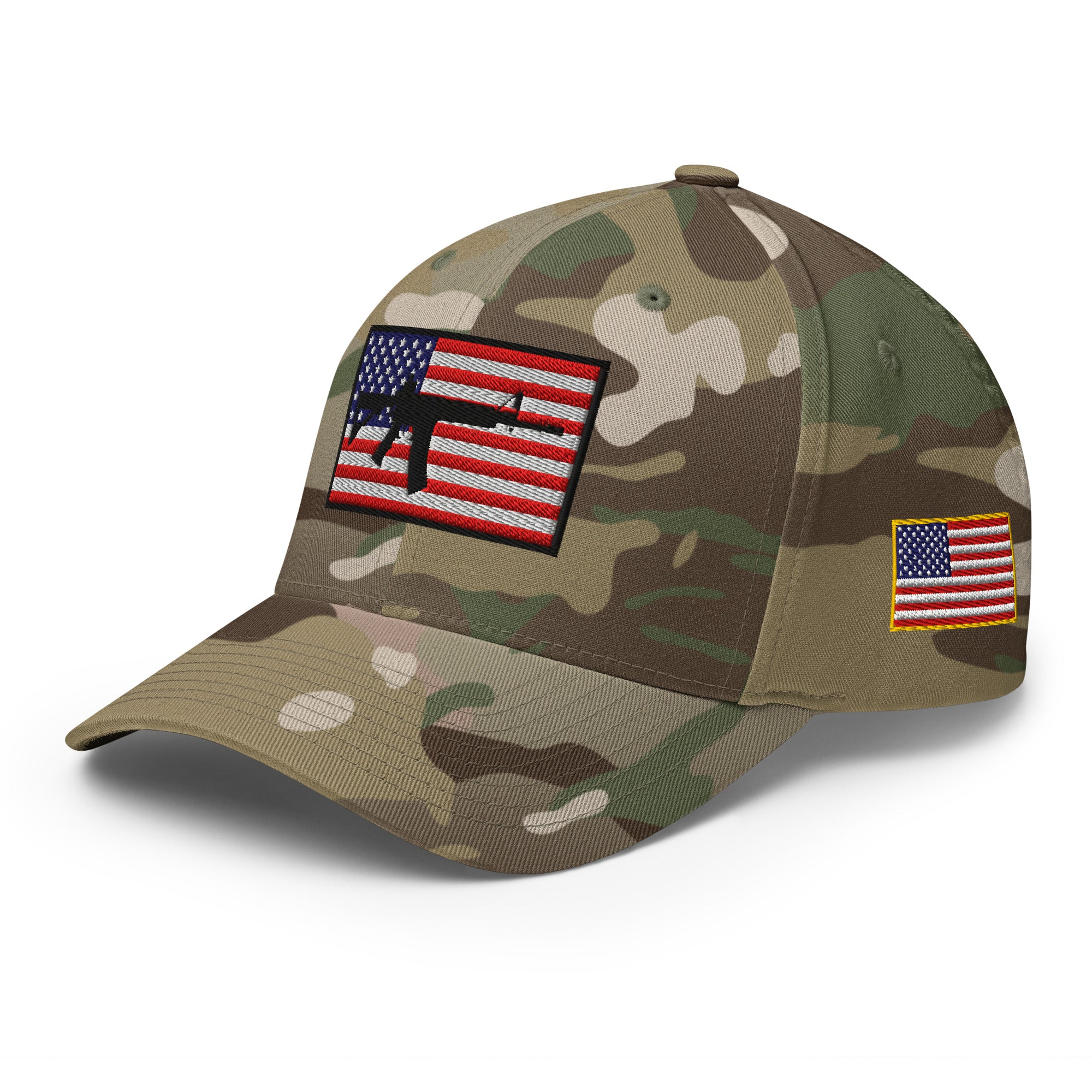 Camouflage baseball cap with American flag patches on a white background