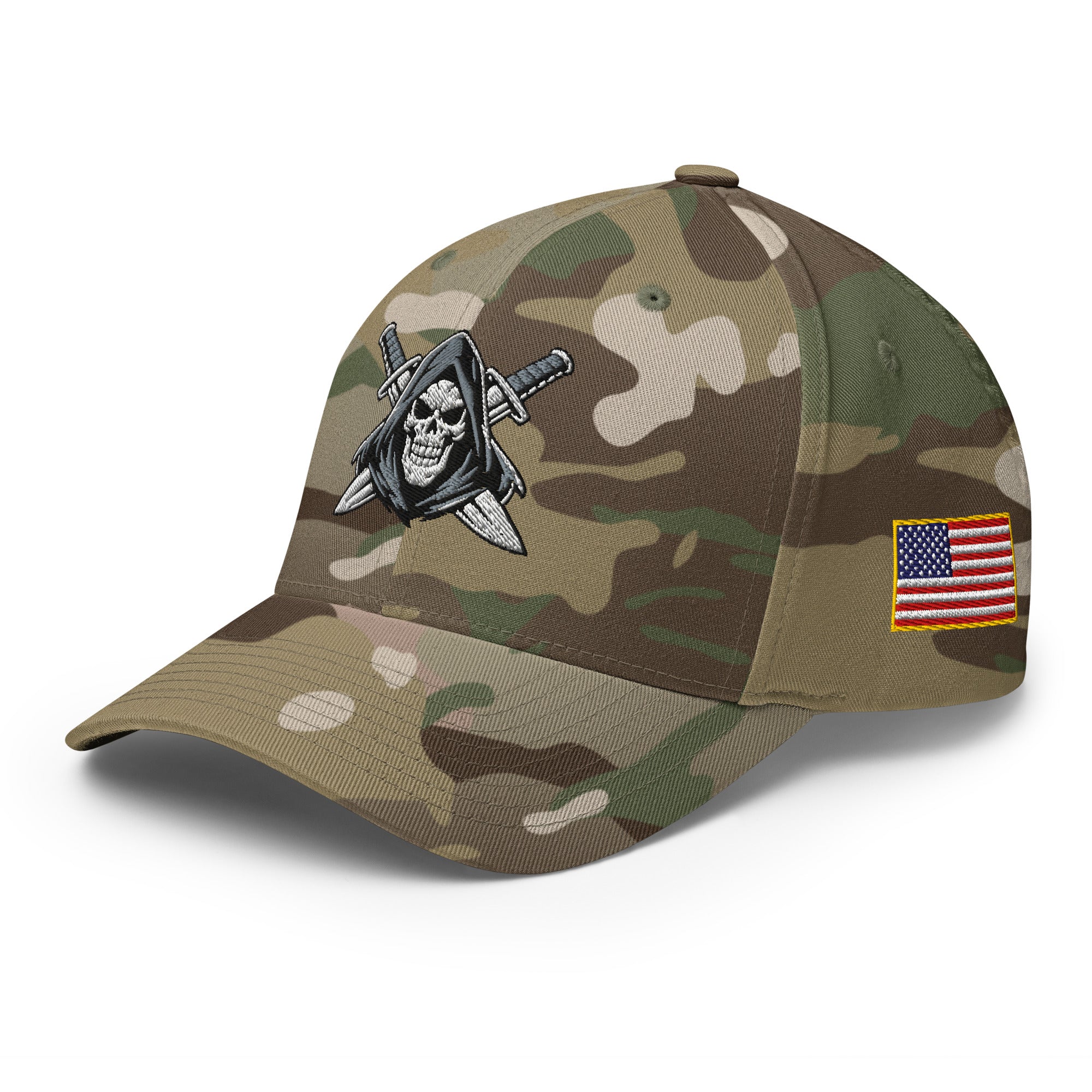 Camouflage baseball cap with skull and crossbones design and American flag patch on a white background