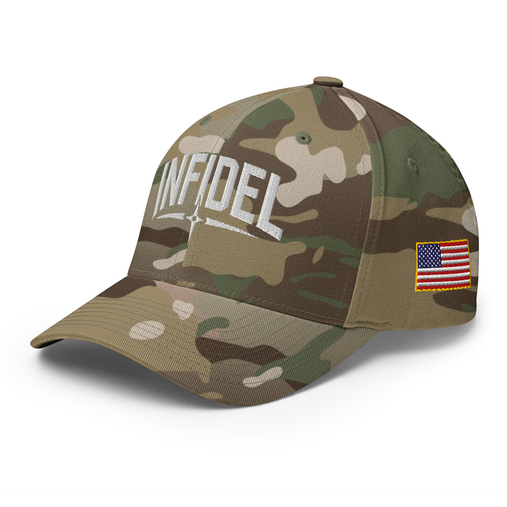 Camouflage baseball cap with 'INFIDEL' text and American flag patch on a white background