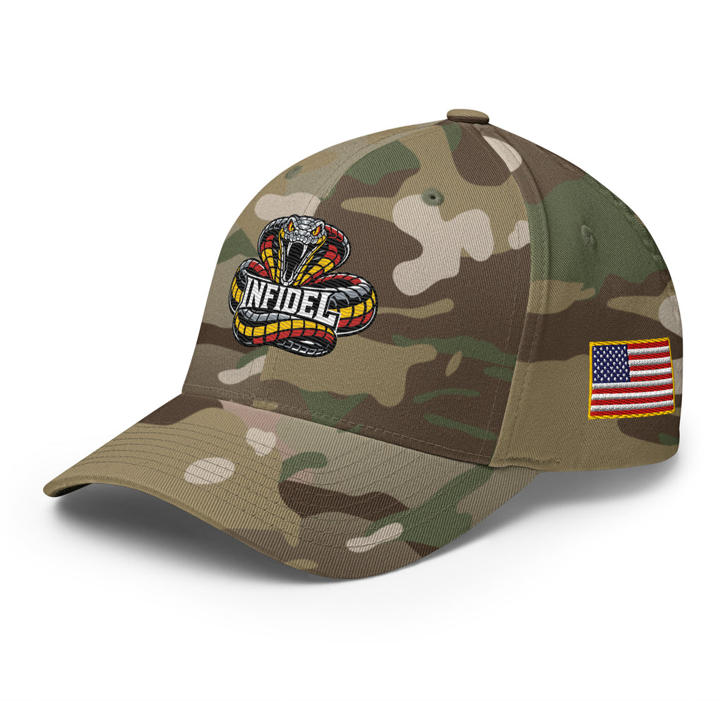 Left-front view of multicam green Infidel Coiled Cobra Flexfit hat