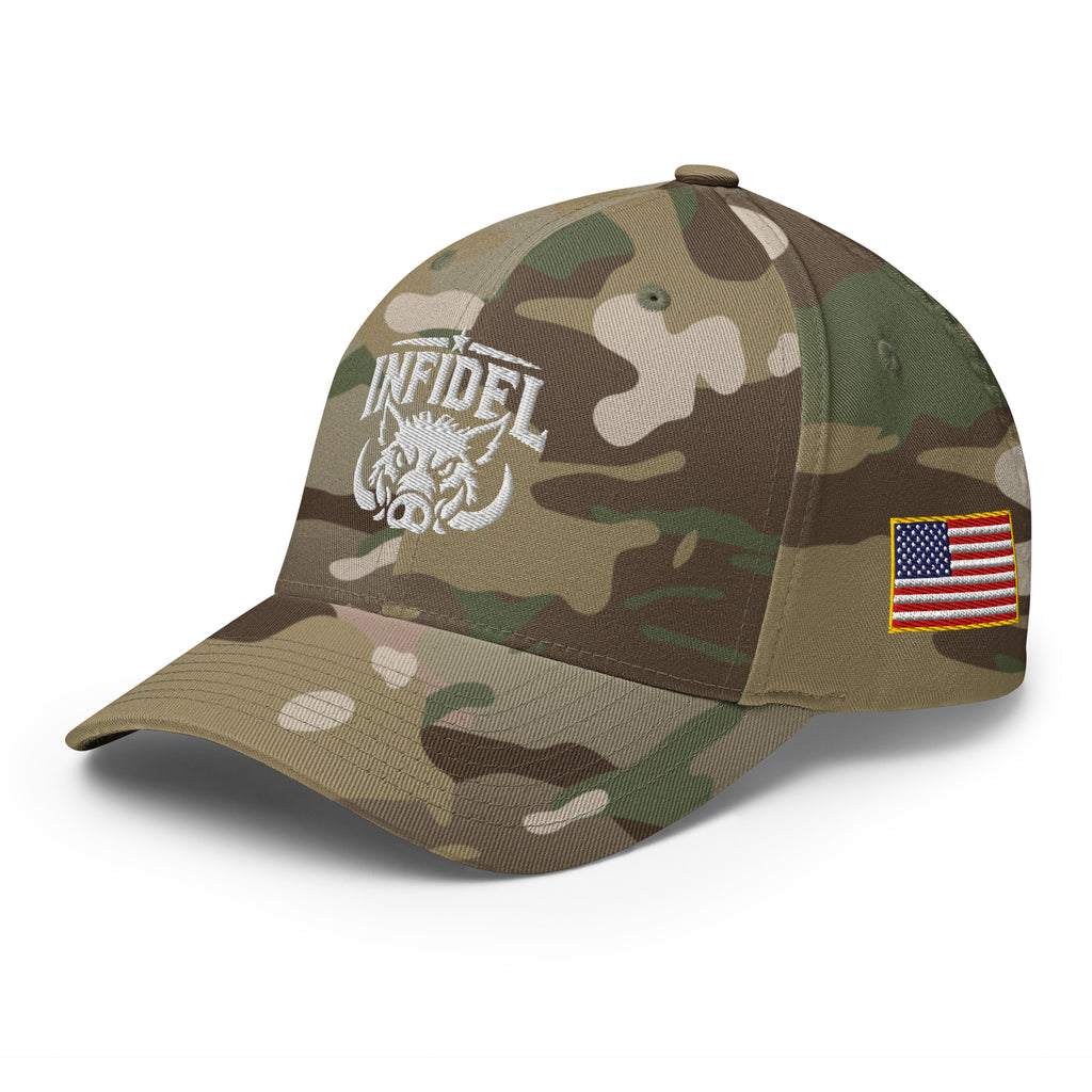 Left-front view of multicam green Infidel War Pig Flexfit hat
