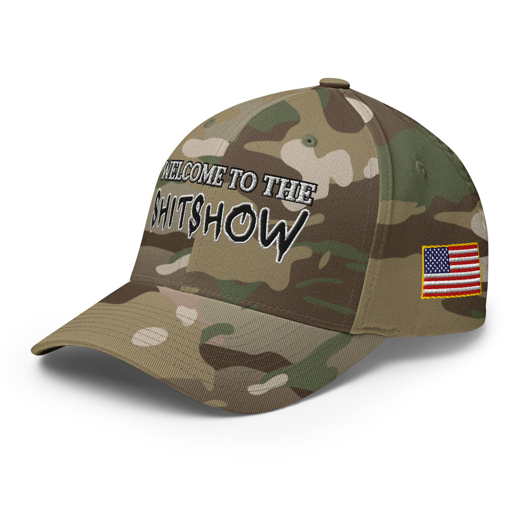 Left-front view of multicam green Welcome to the Shitshow Flexfit hat