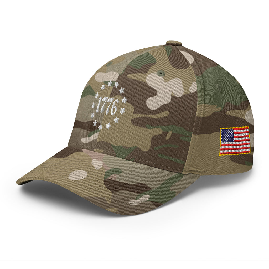 Left-front view of multicam green 1776 Betsy Ross Stars Flexfit hat