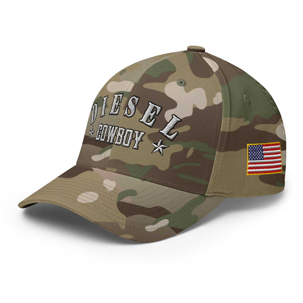 Multicam Green structured Flexfit cap with embroidered Diesel Cowboy design, left front view