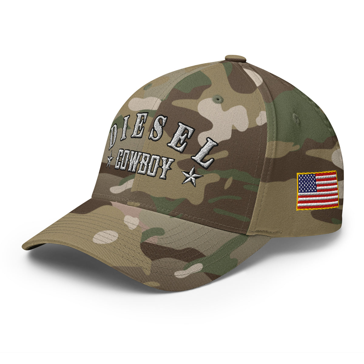 Multicam Green structured Flexfit cap with embroidered Diesel Cowboy design, left front view