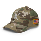 Multicam Green structured Flexfit cap, left front view with Call to Arms embroidery