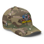 Right-front view of multicam green Infidel USA Flag Cobra Flexfit hat