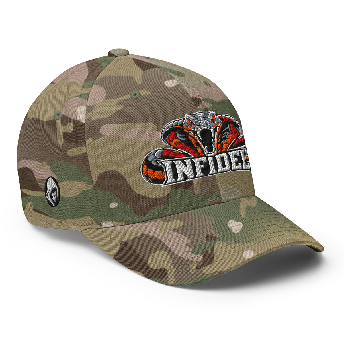 Right-front view of multicam green Infidel Cobra King Flexfit hat