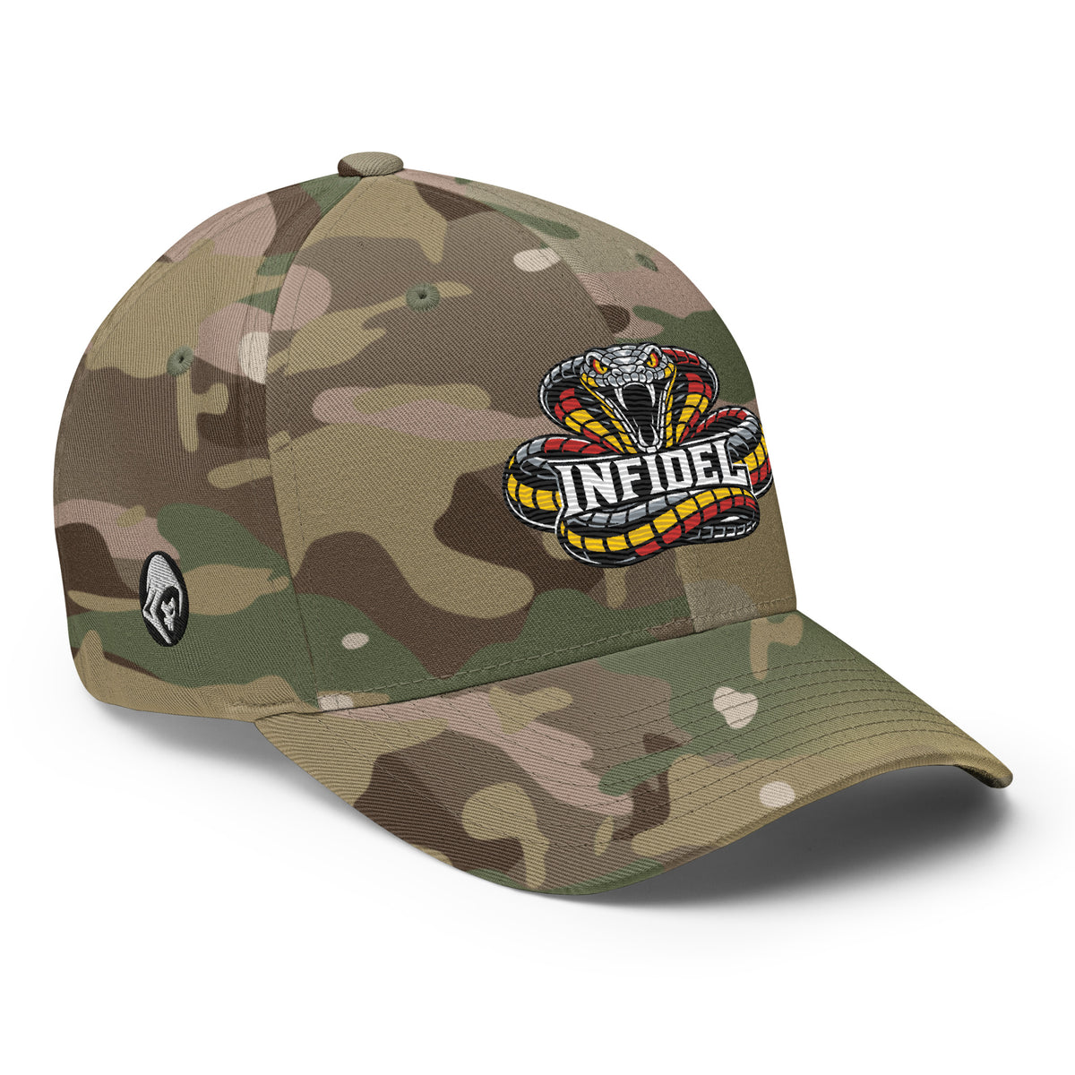Right-front view of multicam green Infidel Coiled Cobra Flexfit hat