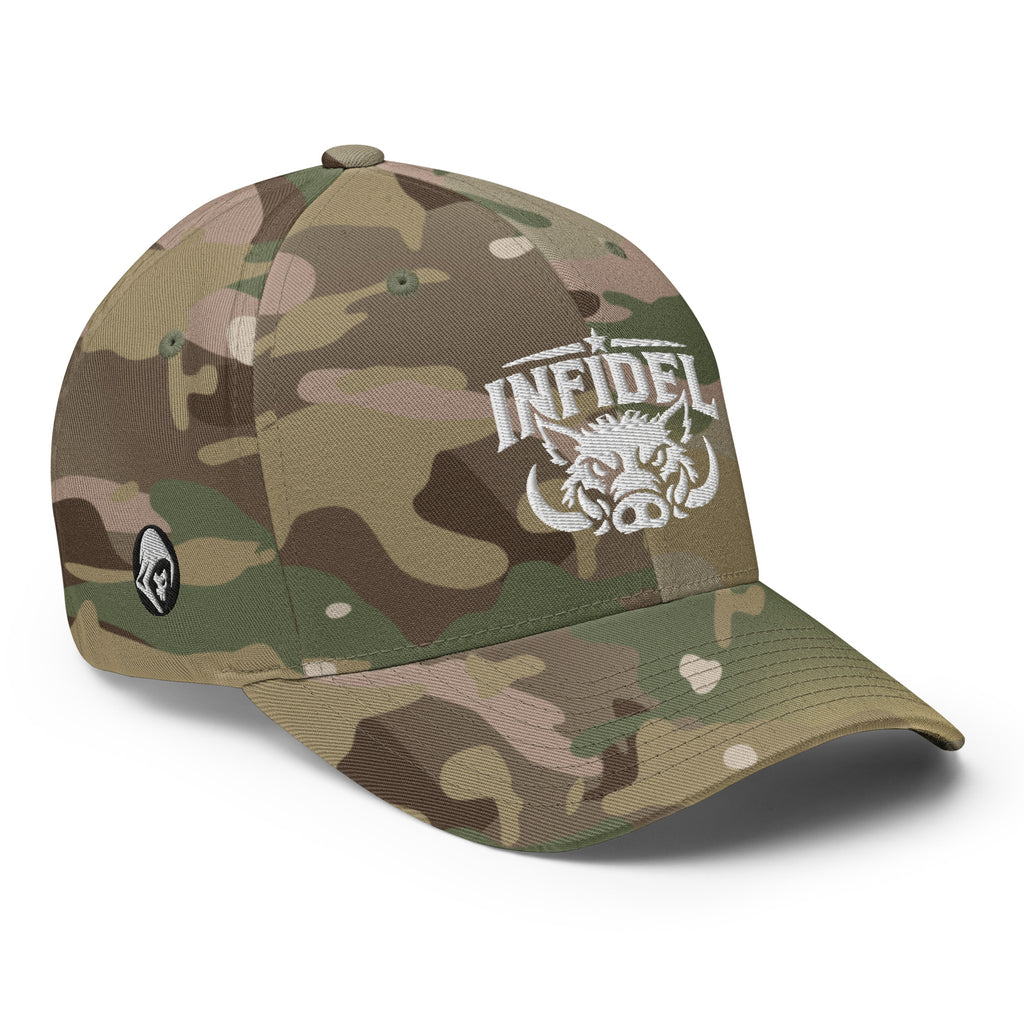 Right-front view of multicam green Infidel War Pig Flexfit hat