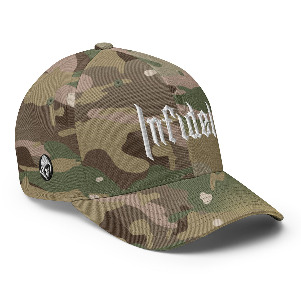 Right-front view of multicam green OG Infidel Flexfit hat