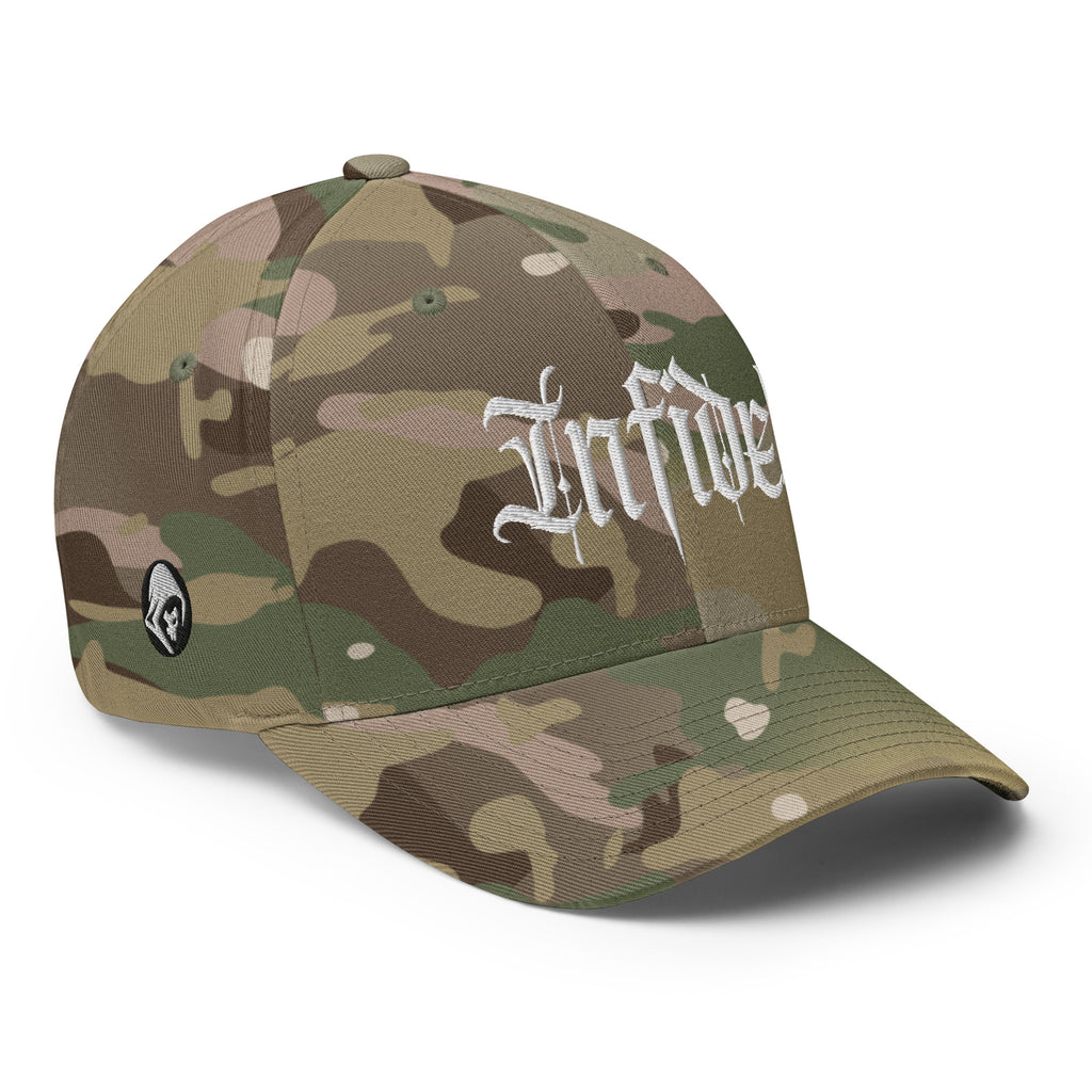 Right-front view of multicam green Infidel Script Flexfit hat
