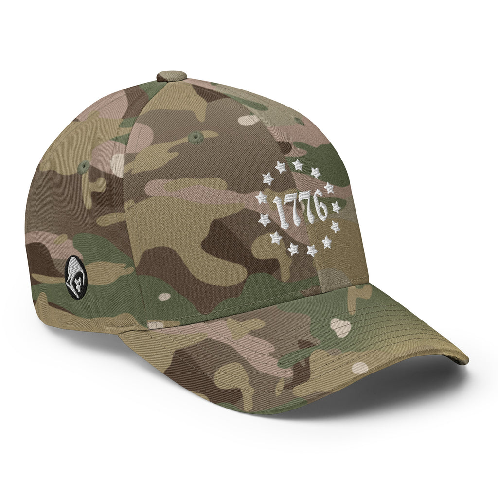 Right-front view of multicam green 1776 Betsy Ross Stars Flexfit hat