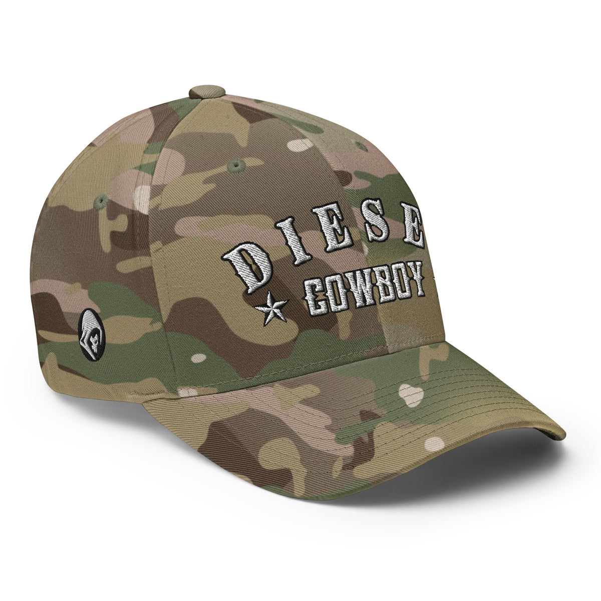 Multicam Green structured Flexfit cap with embroidered Diesel Cowboy design, right front view