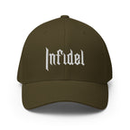 Black cap with white logo on a light gray background