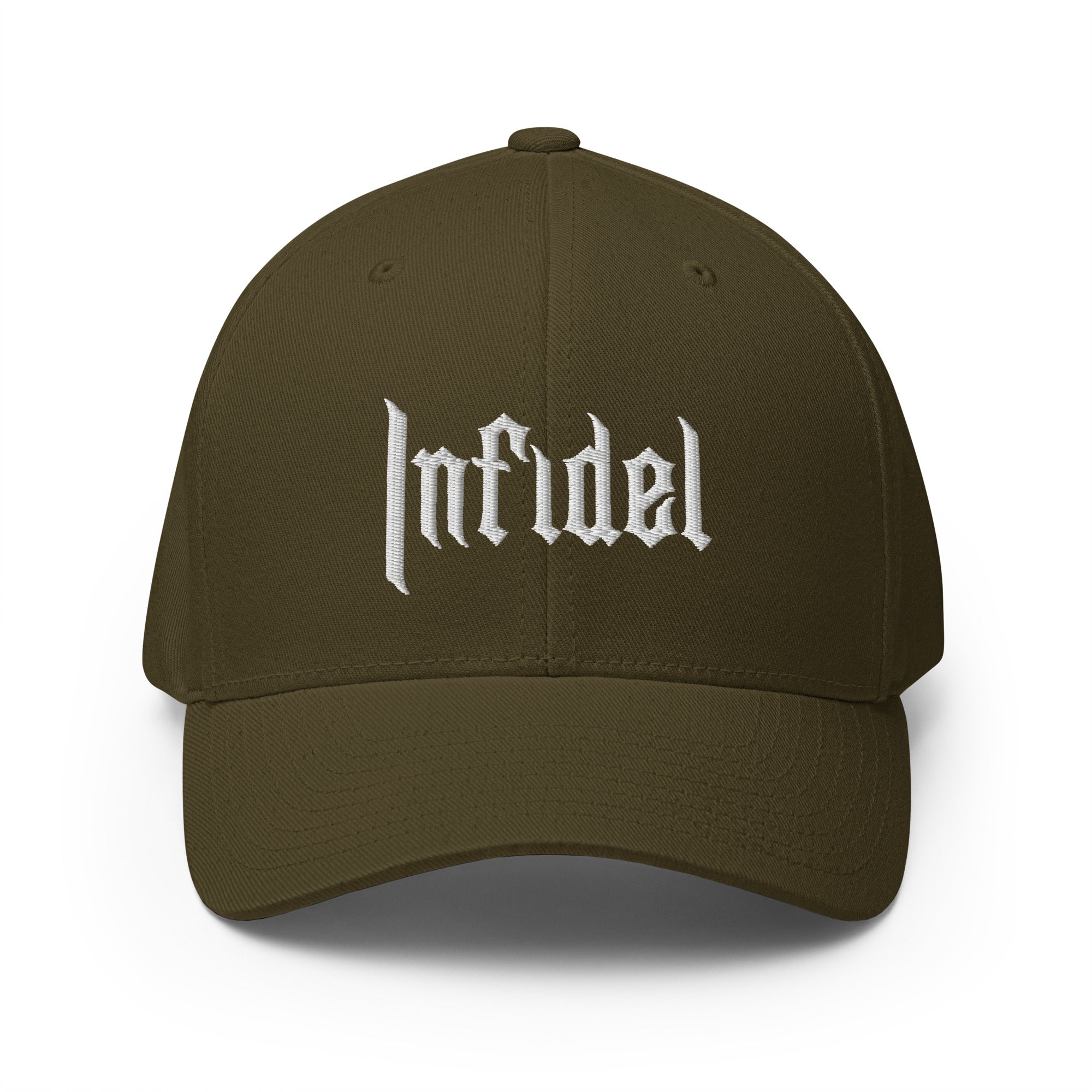 Black cap with white logo on a light gray background